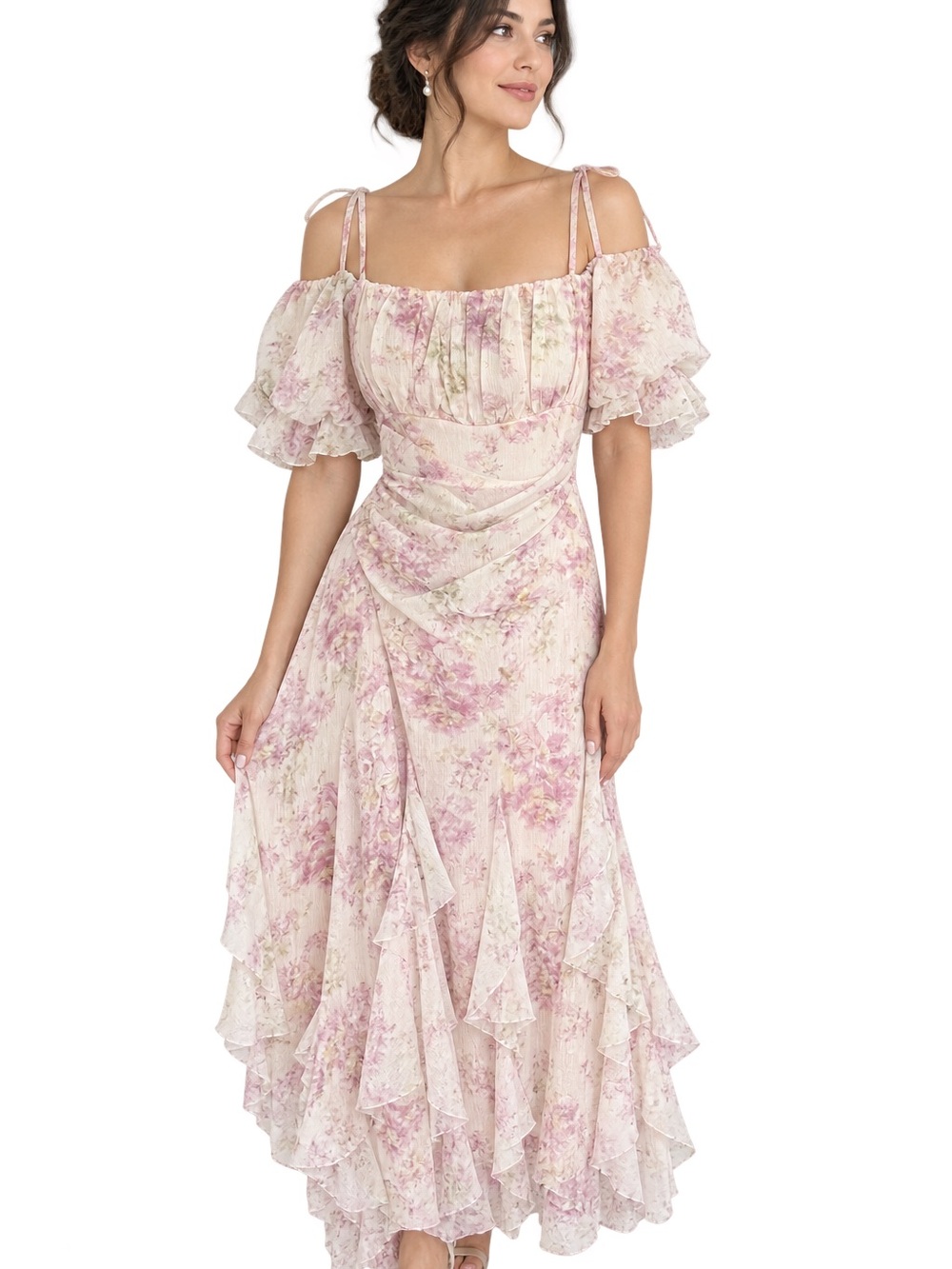 Floral Ruffled Off-Shoulder Maxi Dress in Blush Pink